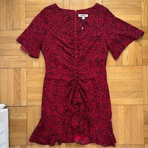 Leopard print red and black dress with ruching